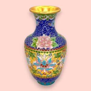 Stunning Cloisonné Vase Peony Floral Brass Enamel Vintage Oriental Decor 6"